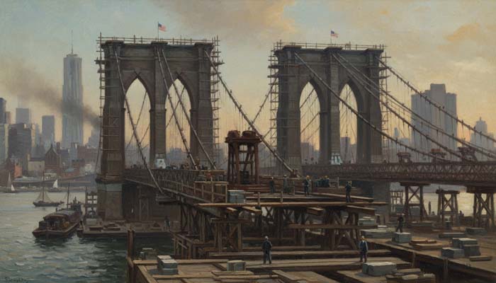 Construction of the Brooklyn Bridge over the East River, New York City, 1870s