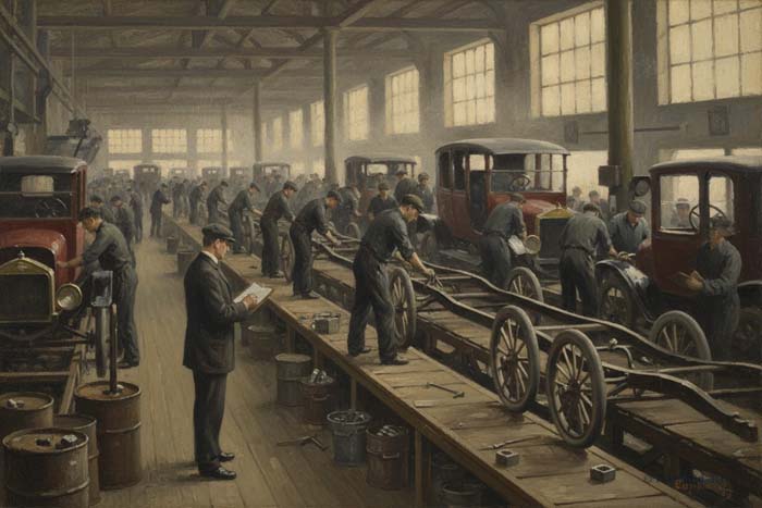 Workers at an early American automobile assembly line, circa 1913