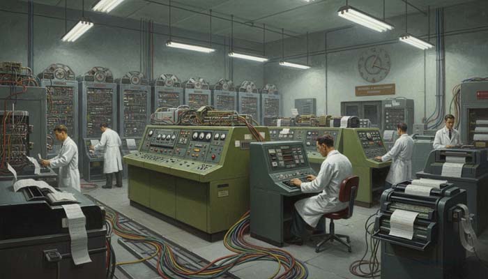 Scientists operating an early mainframe computer in a government research facility, 1950s