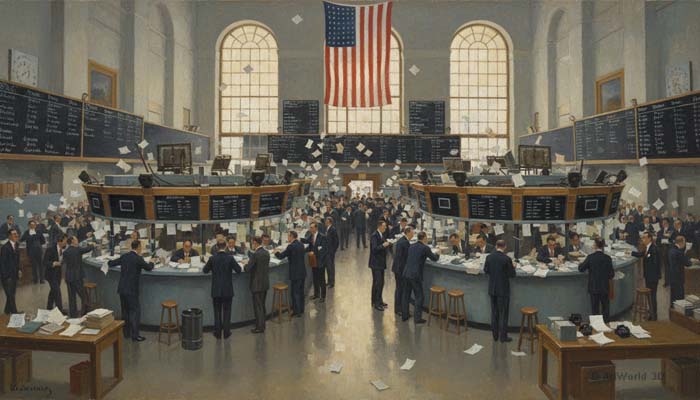 Traders crowding the floor of an early American stock exchange beneath an American flag