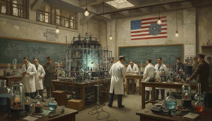Scientists working in a Manhattan Project laboratory during World War II, with an American flag on the wall